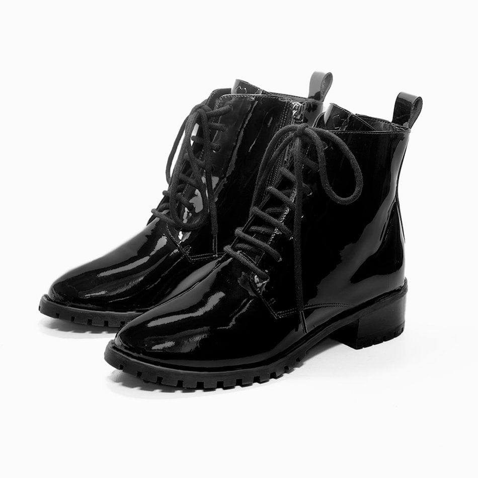 Black shiny store military boots