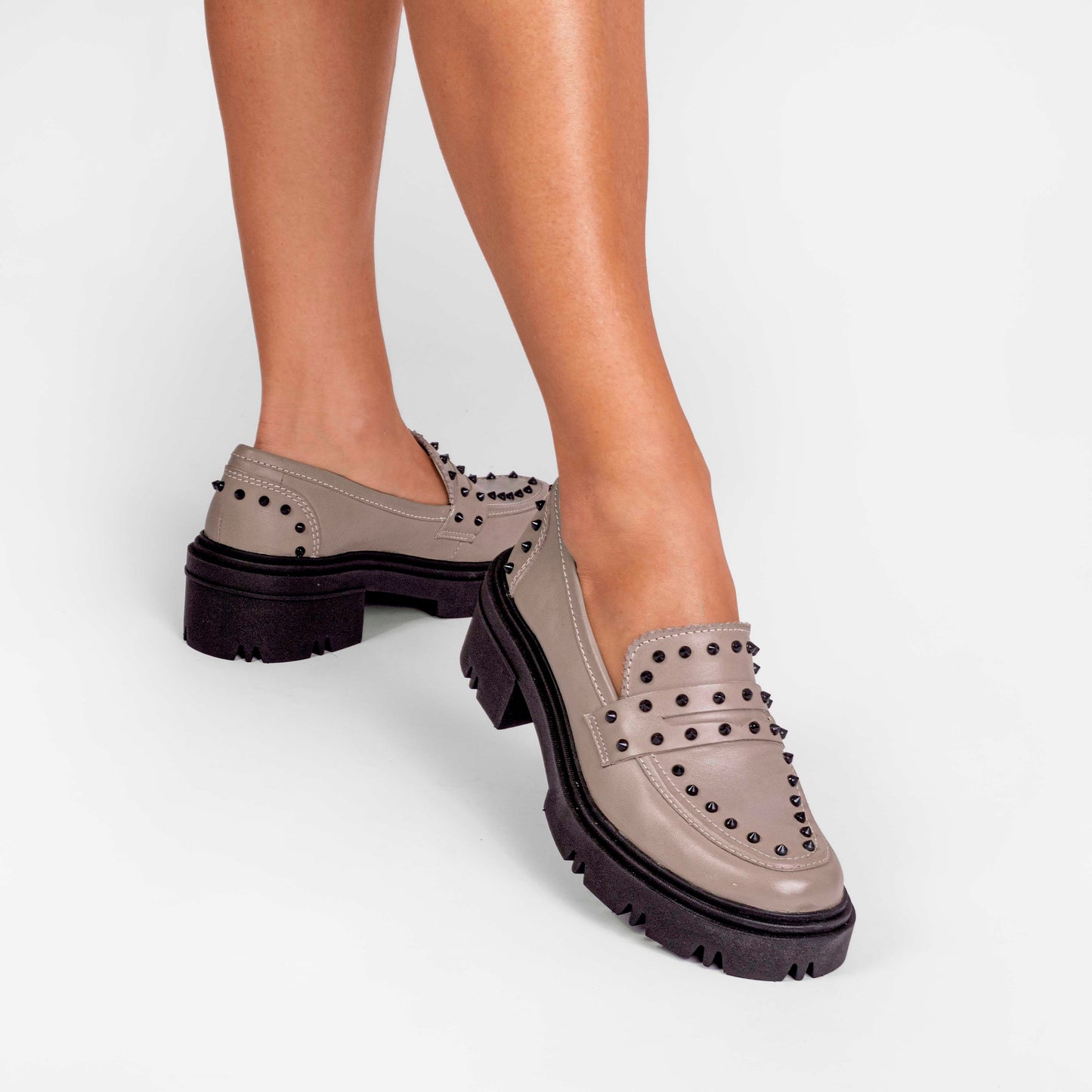 Vinci Shoes Dara Studded Greige Loafers