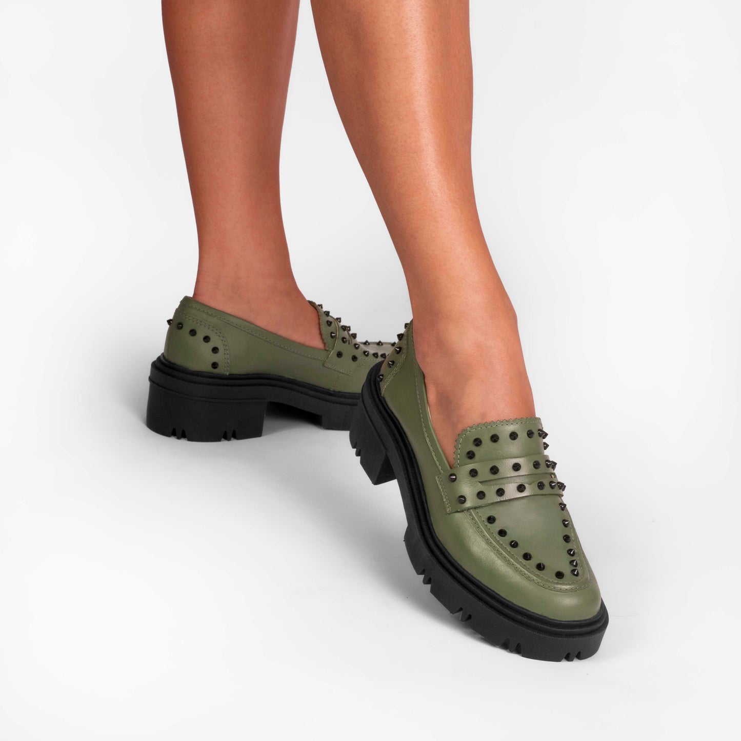 Vinci Shoes Dara Studded Military Green Loafers