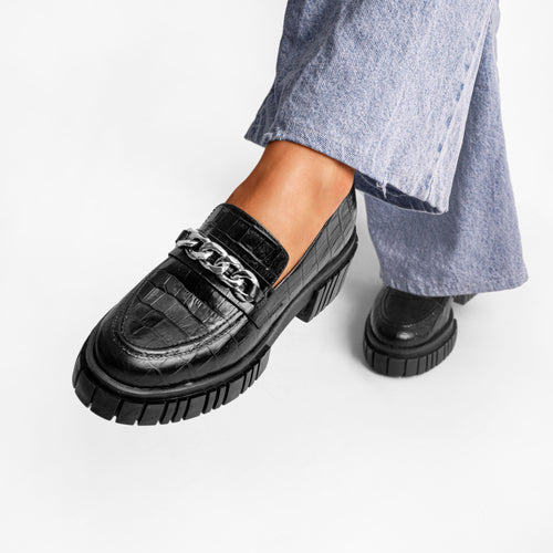 Emilia Croc-Embossed Black Loafers