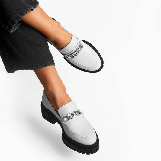 Vinci Shoes Emilia Croc-Embossed White Loafers