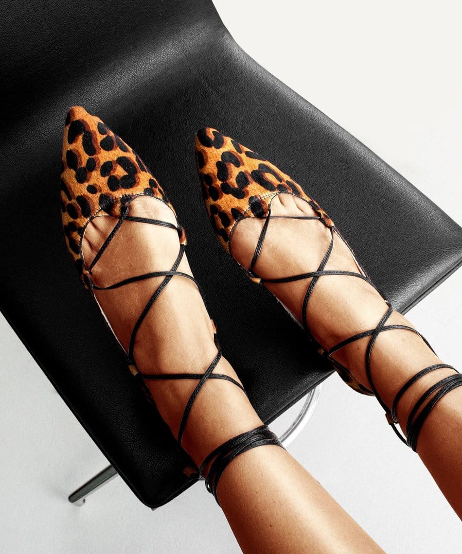 Vinci Shoes Animal Print Lace Up Ballerinas